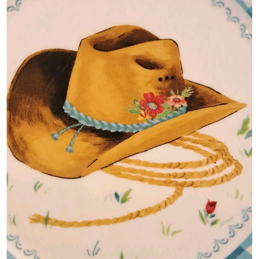 Pioneer‎ Woman Appetizer Plate Gingham Cowboy Hat  Dessert Dish 7" Western New - Picture 2 of 5